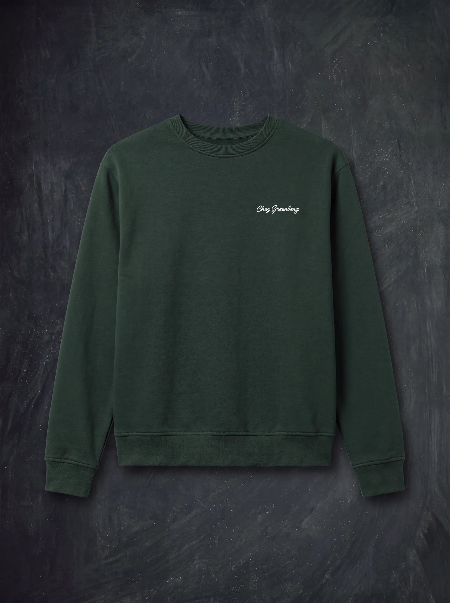 Dill green Chez Greenberg crewneck sweatshirt with white embroidered script logo