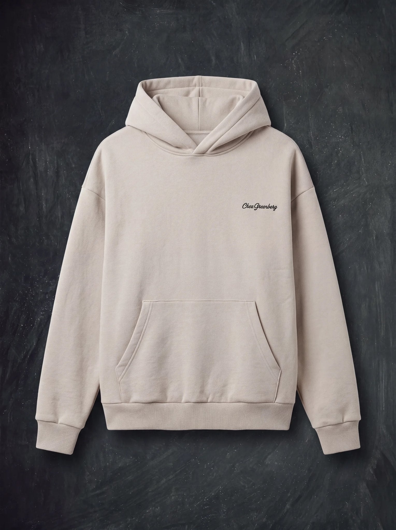 Cream Chez Greenberg hoodie with embroidered script logo on the chest
