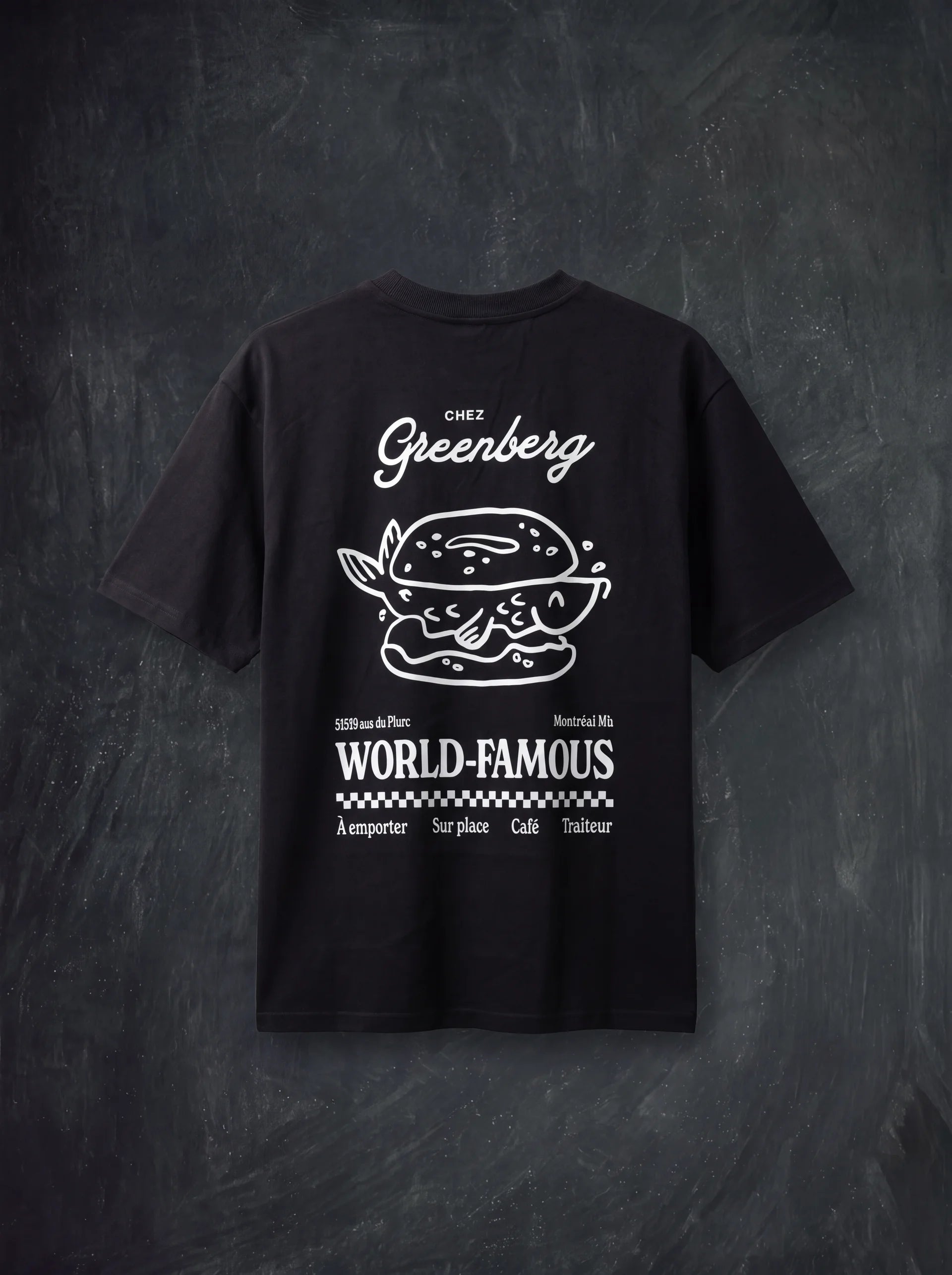 Black back: Black Chez Greenberg t-shirt with World-Famous bagel back print in white